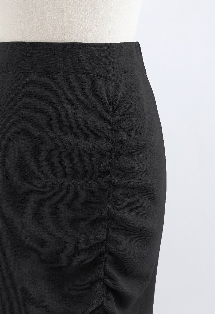 Ruched Front Slit Knit Pencil Skirt in Black