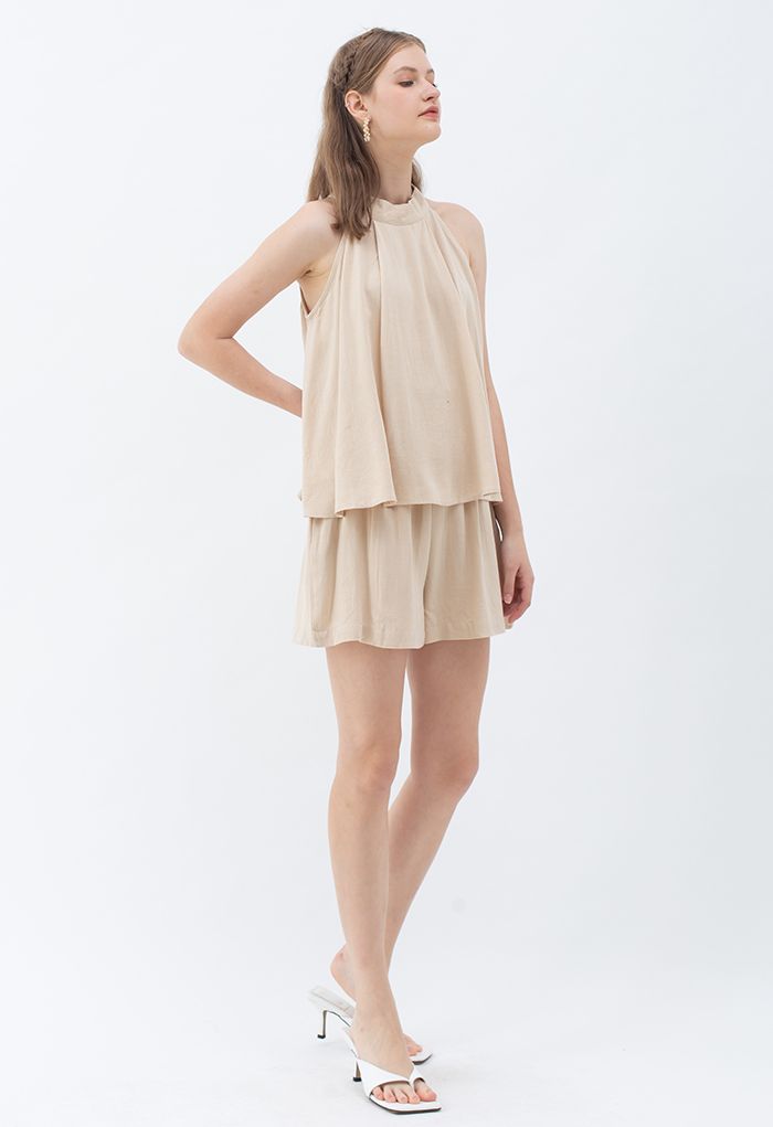 Halter Neck Flared Top and Shorts Set in Sand