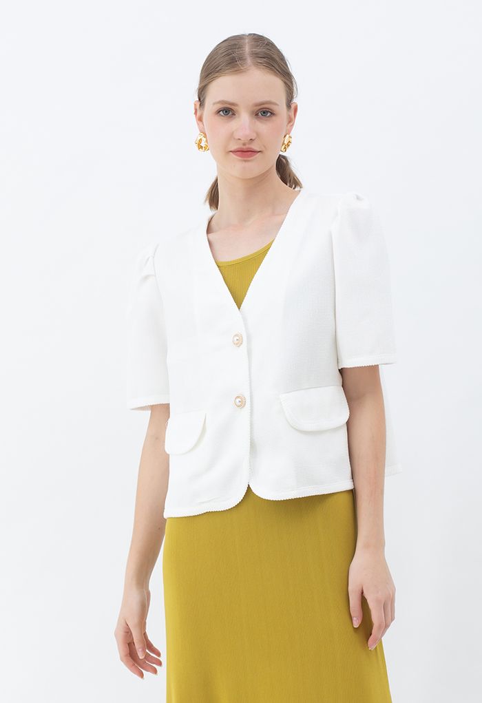 Pearly Button Short Sleeve Tweed Blazer in White