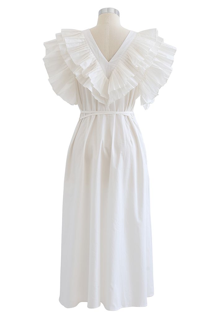 Pleated Ruffle Buttoned V-Neck Self-Tie Maxi Dress in White