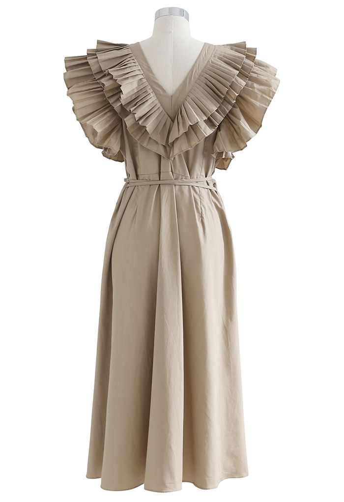 Pleated Ruffle Buttoned V-Neck Self-Tie Maxi Dress in Tan