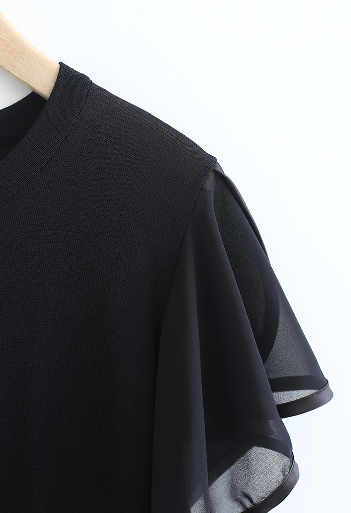 Sheer Ruffle Slit Sleeves Knit Top in Black