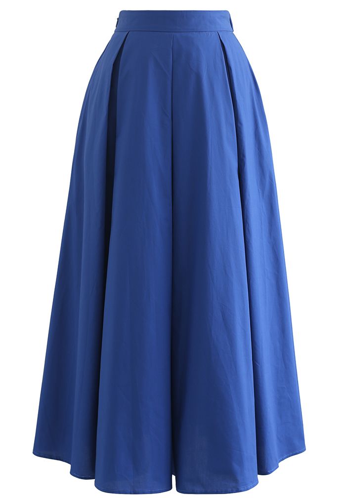 Box Pleated High Waist A-Line Midi Skirt in Blue