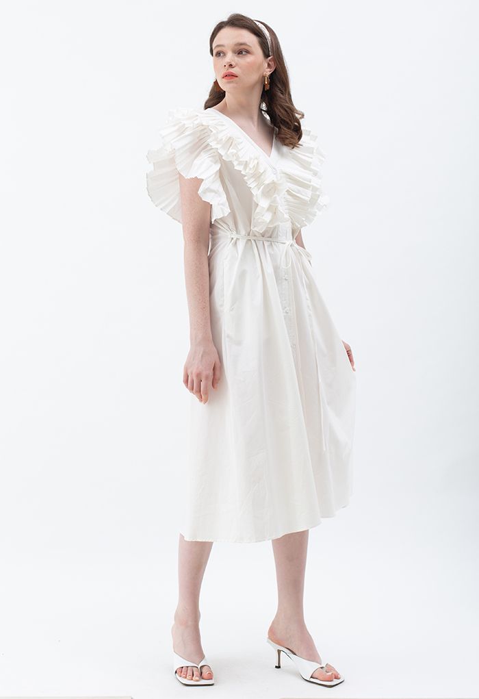 Pleated Ruffle Buttoned V-Neck Self-Tie Maxi Dress in White