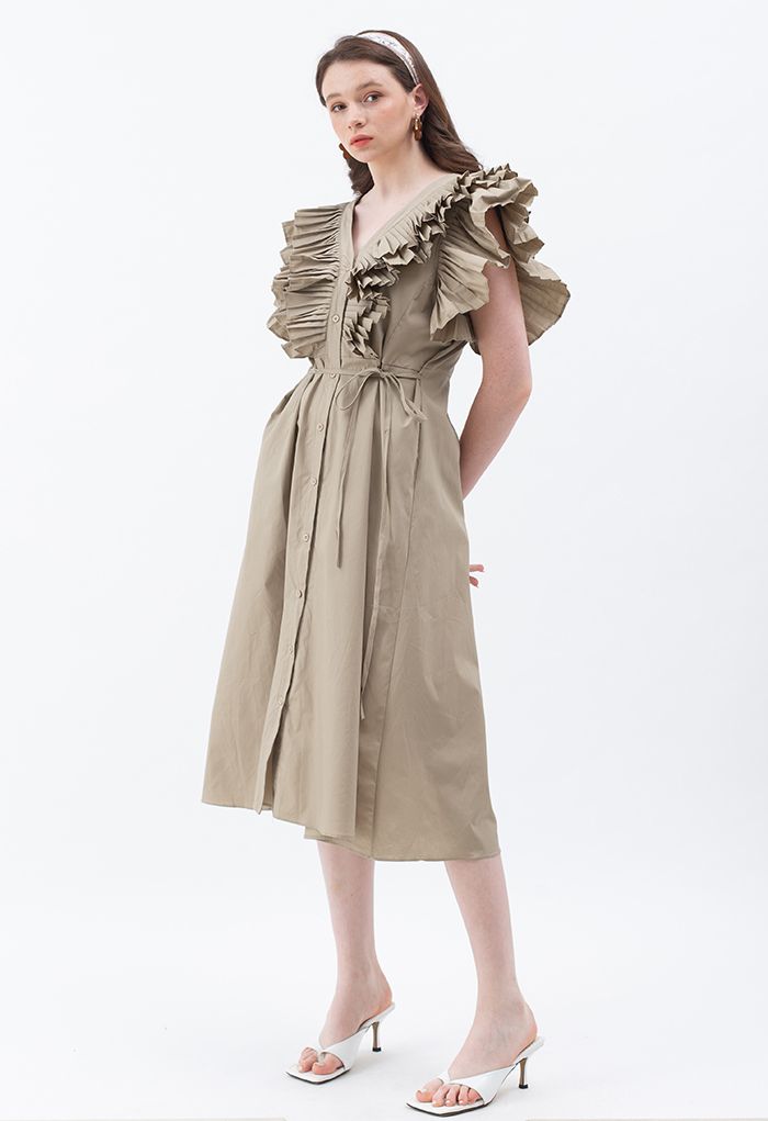 Pleated Ruffle Buttoned V-Neck Self-Tie Maxi Dress in Tan