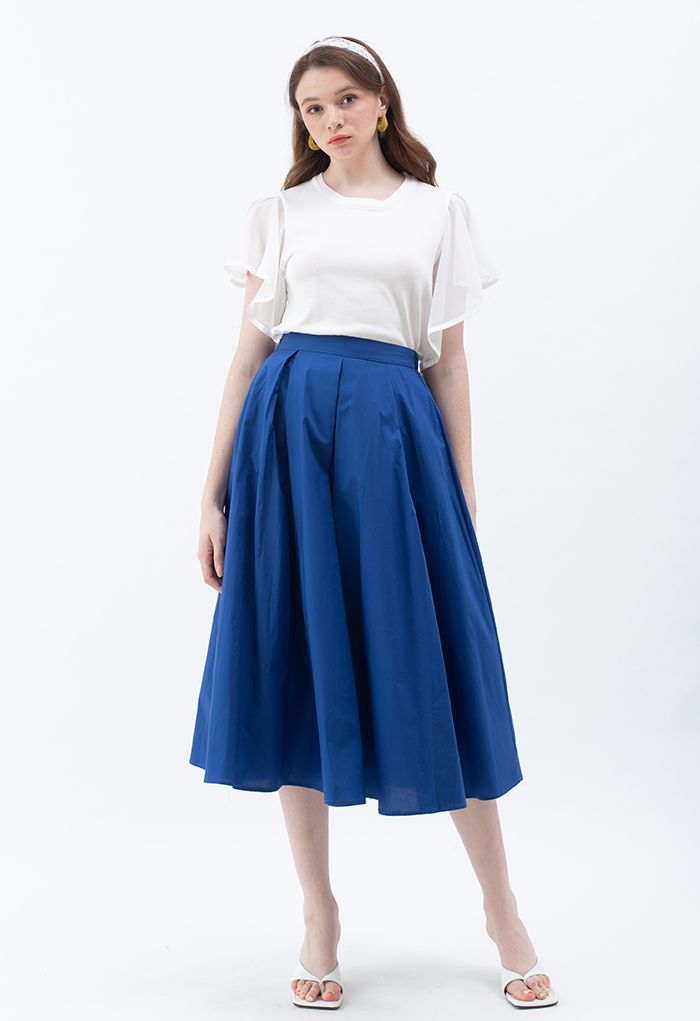 Box Pleated High Waist A-Line Midi Skirt in Blue