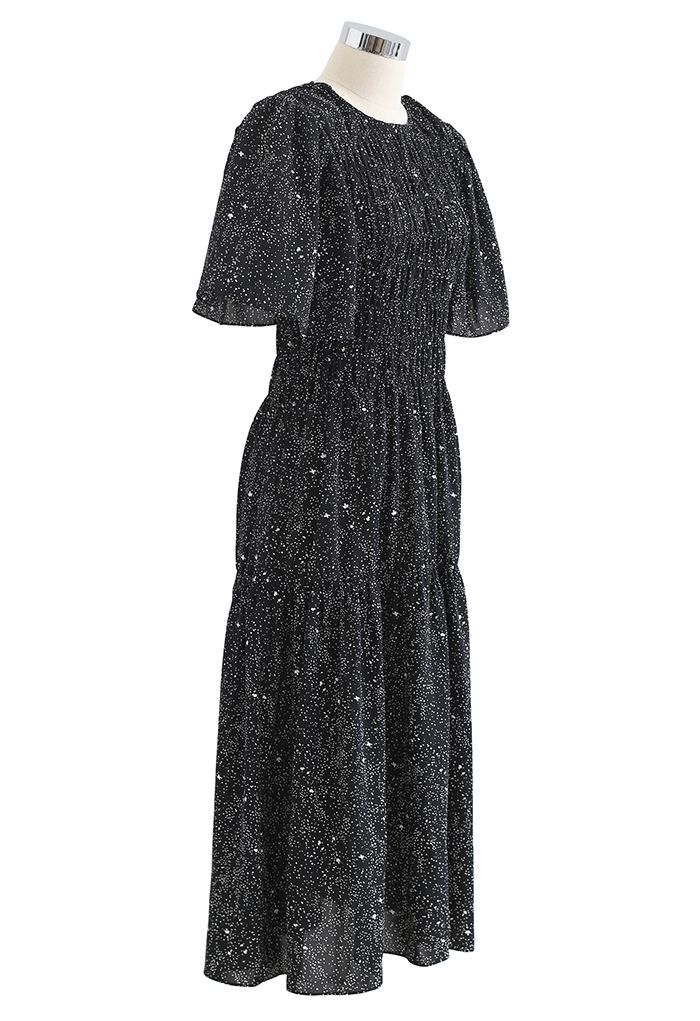 Flare Sleeve Padded Shoulder Printed Midi Dress in Black