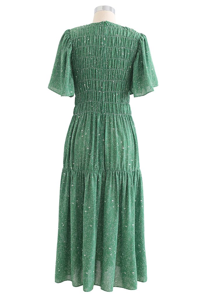 Flare Sleeve Padded Shoulder Printed Midi Dress in Green