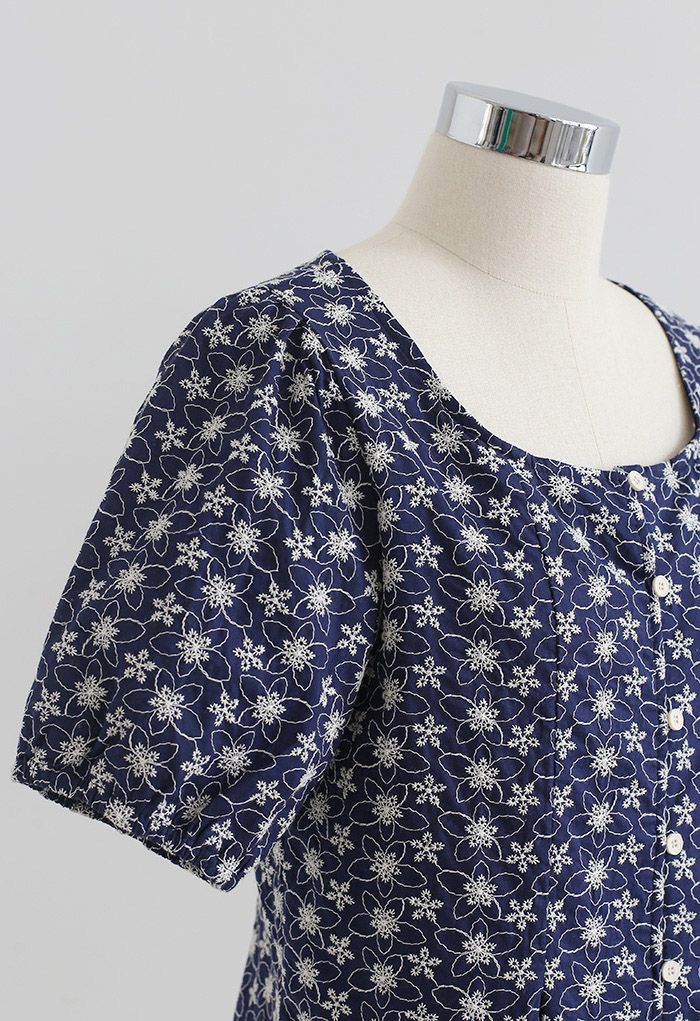Button Down Embroidered Floral Cotton Top in Navy