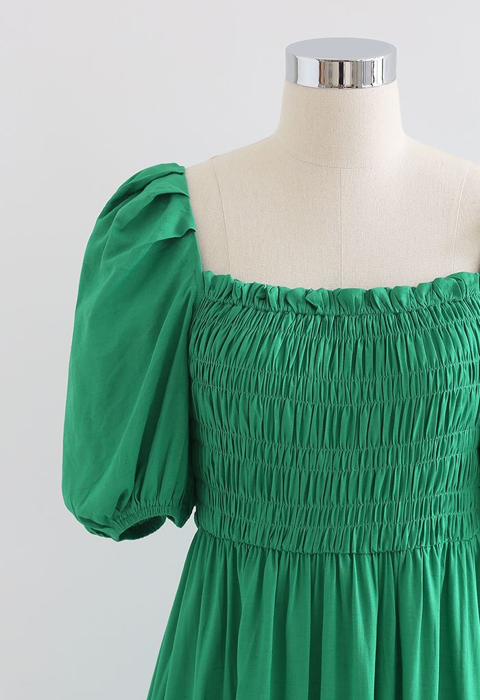 Square Neck Puff Sleeve Shirred Dress in Green
