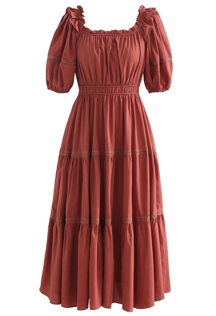 Ruffled Neck Crochet Detail Midi Dress in Rust Red
