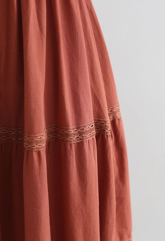 Ruffled Neck Crochet Detail Midi Dress in Rust Red