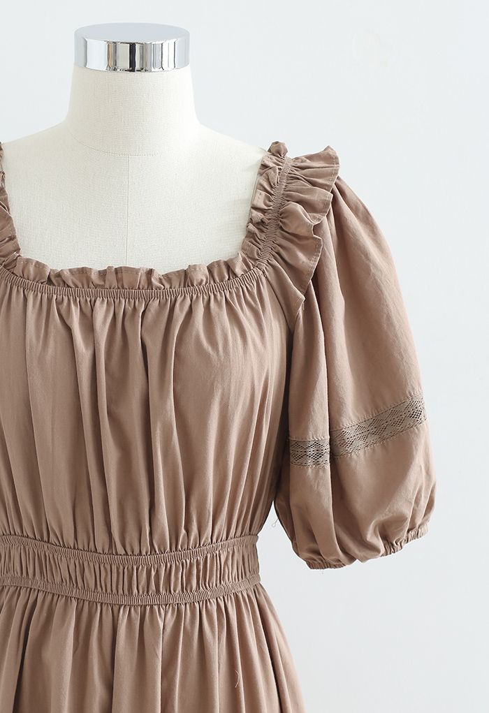 Ruffled Neck Crochet Detail Midi Dress in Brown