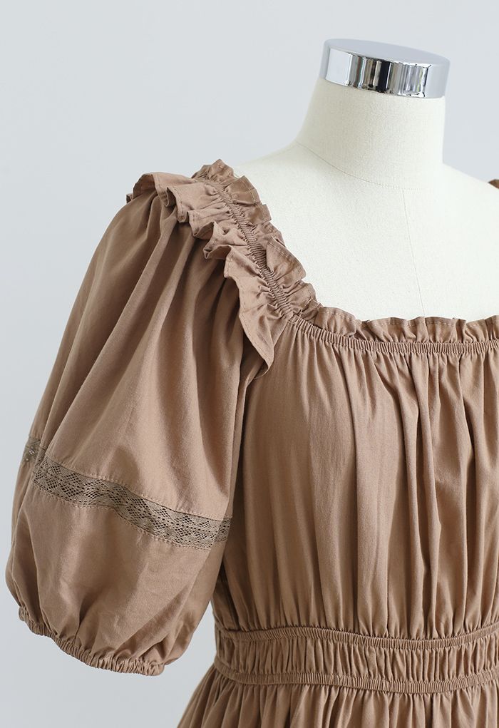 Ruffled Neck Crochet Detail Midi Dress in Brown