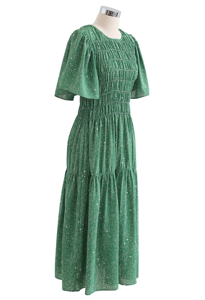 Flare Sleeve Padded Shoulder Printed Midi Dress in Green