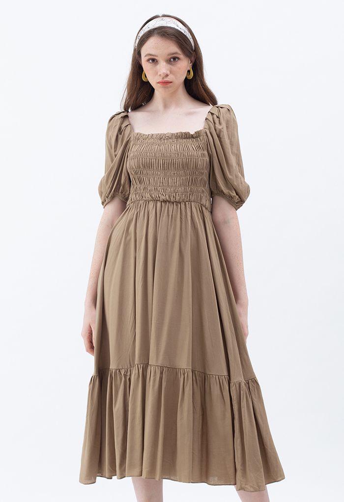 Square Neck Puff Sleeve Shirred Dress in Brown