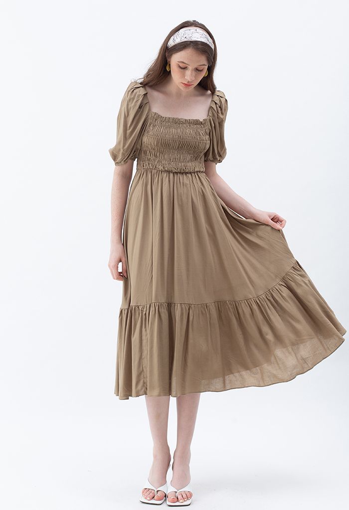 Square Neck Puff Sleeve Shirred Dress in Brown