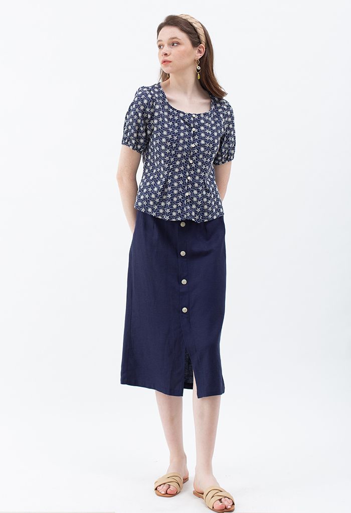 Button Down Embroidered Floral Cotton Top in Navy