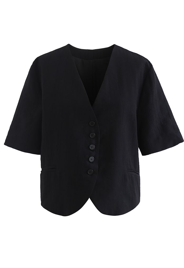 Buttoned Front Short Sleeve Crop Blazer in Black
