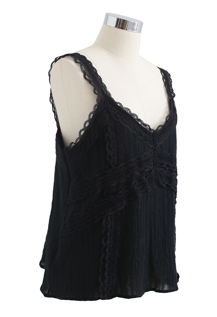 Lacy Cotton Blend Cami Tank Top in Black