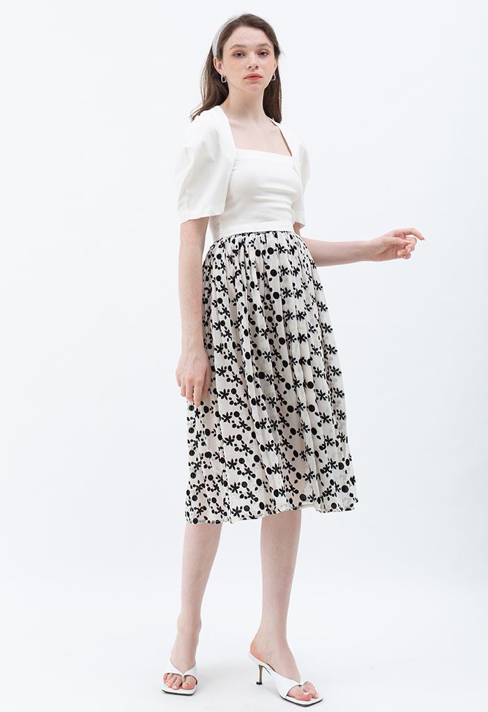 Velvet Floret and Dot Midi Skirt in Ivory