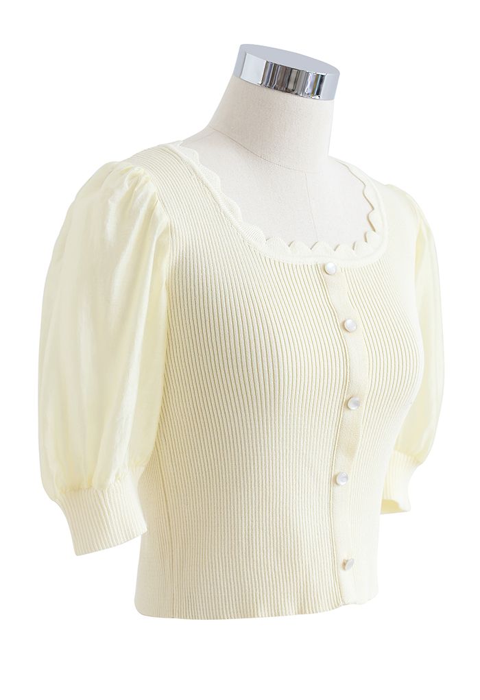 Spliced Sleeve Buttoned Crop Knit Top in Light Yellow