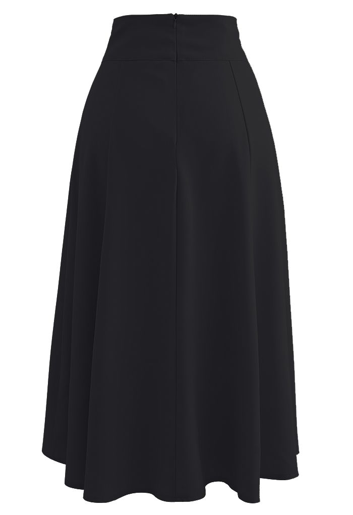 Pearly Waist Seam Detail Flare Midi Skirt in Black