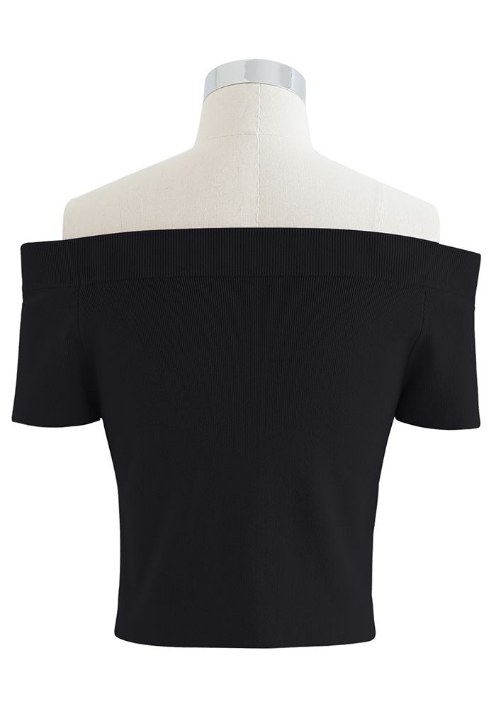 Off-Shoulder Short Sleeve Crop Knit Top in Black