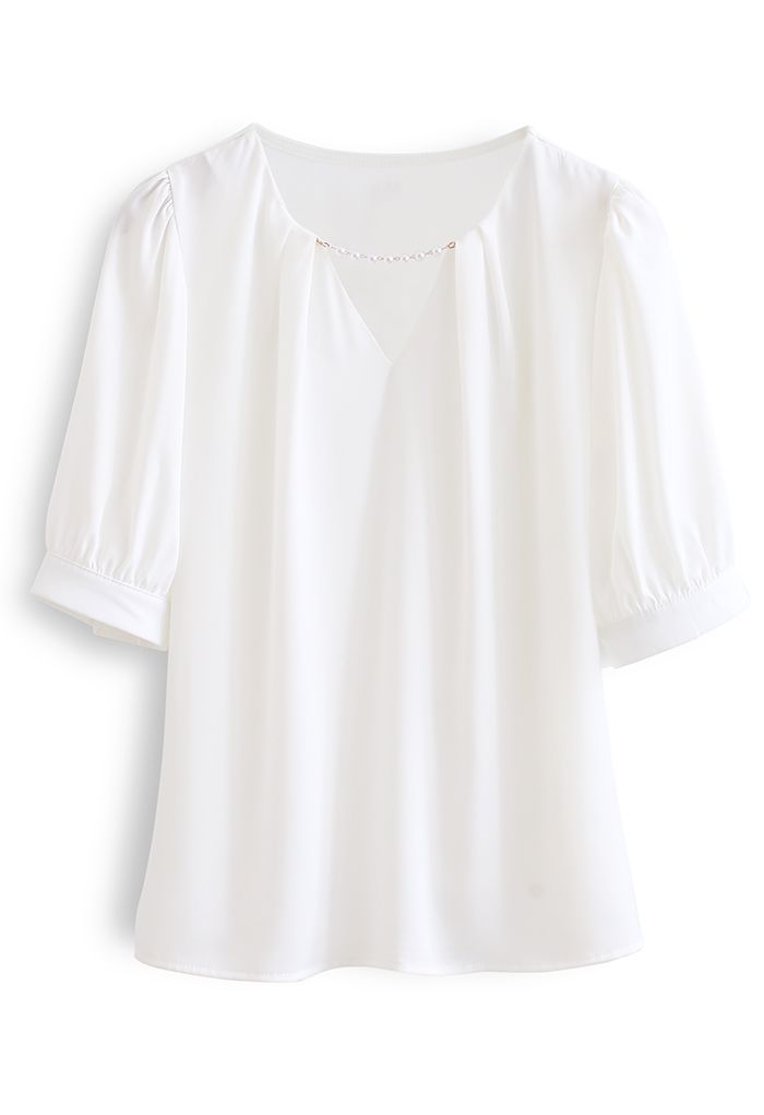 Pearly Neck Satin Shirt in White