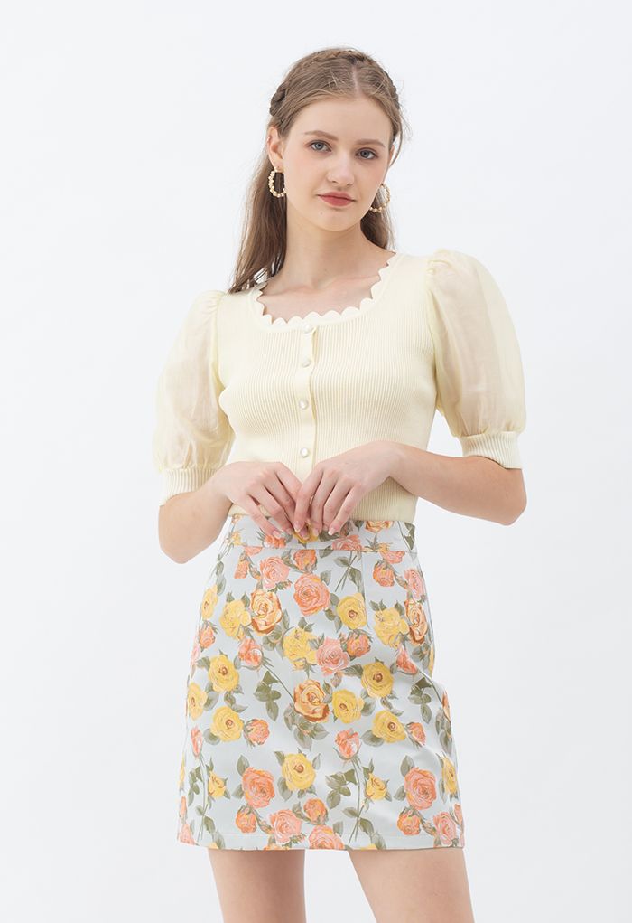 Spliced Sleeve Buttoned Crop Knit Top in Light Yellow