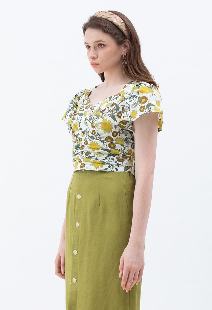 Wrap Front Bowknot Pleated Crop Top in Flower Print