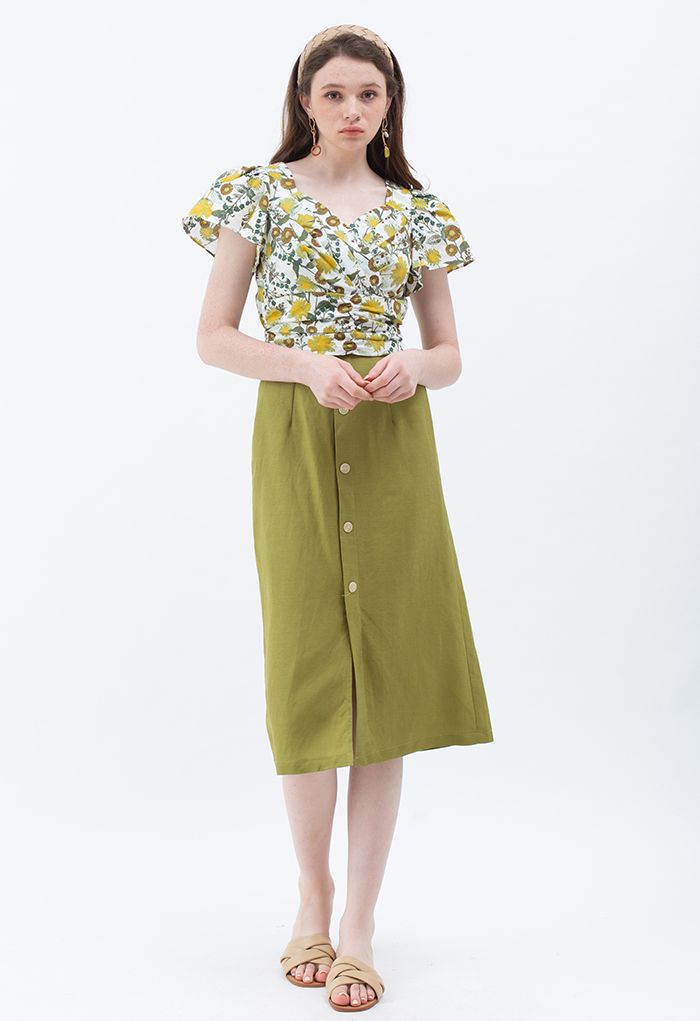 Wrap Front Bowknot Pleated Crop Top in Flower Print