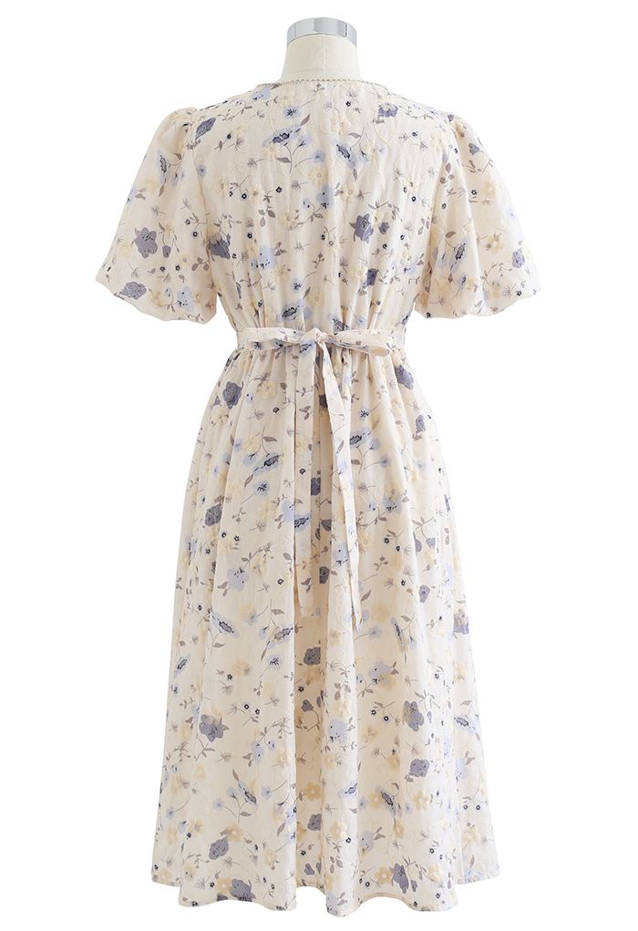 Crystal Edge Bubble Sleeve Embroidered Floral Dress in Blue