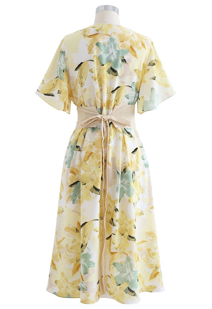 Lily Print Flare Sleeve Belted Midi Dress in Yellow
