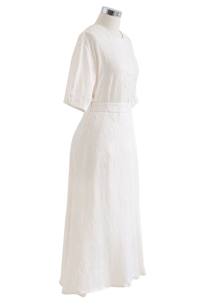 Full of Pleat Short Sleeve Top and Flare Skirt Set in Cream