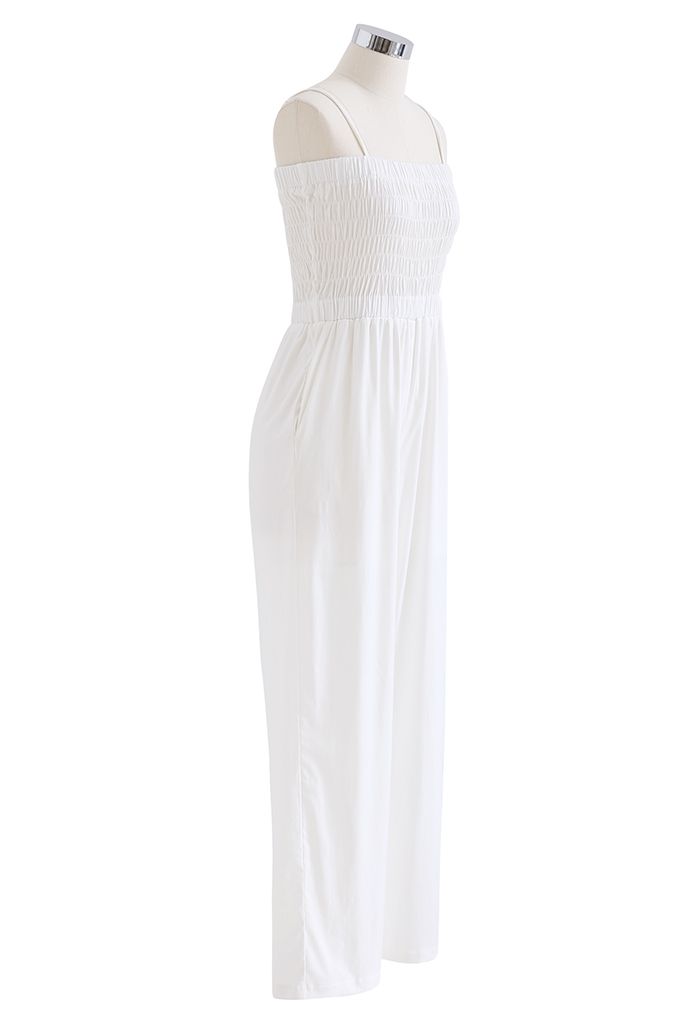 Straight Leg Shirred Cami Jumpsuit in White