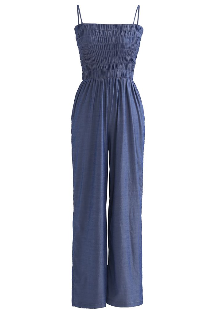 Straight Leg Shirred Cami Jumpsuit in Navy