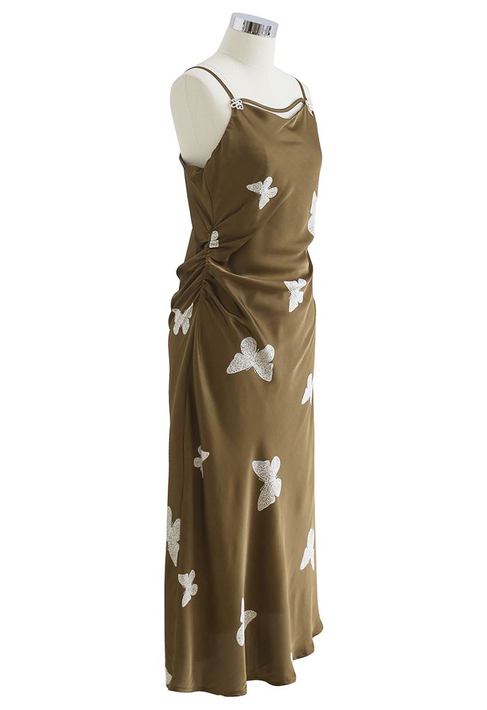 Butterfly Print Sleek Satin Cami Dress in Olive