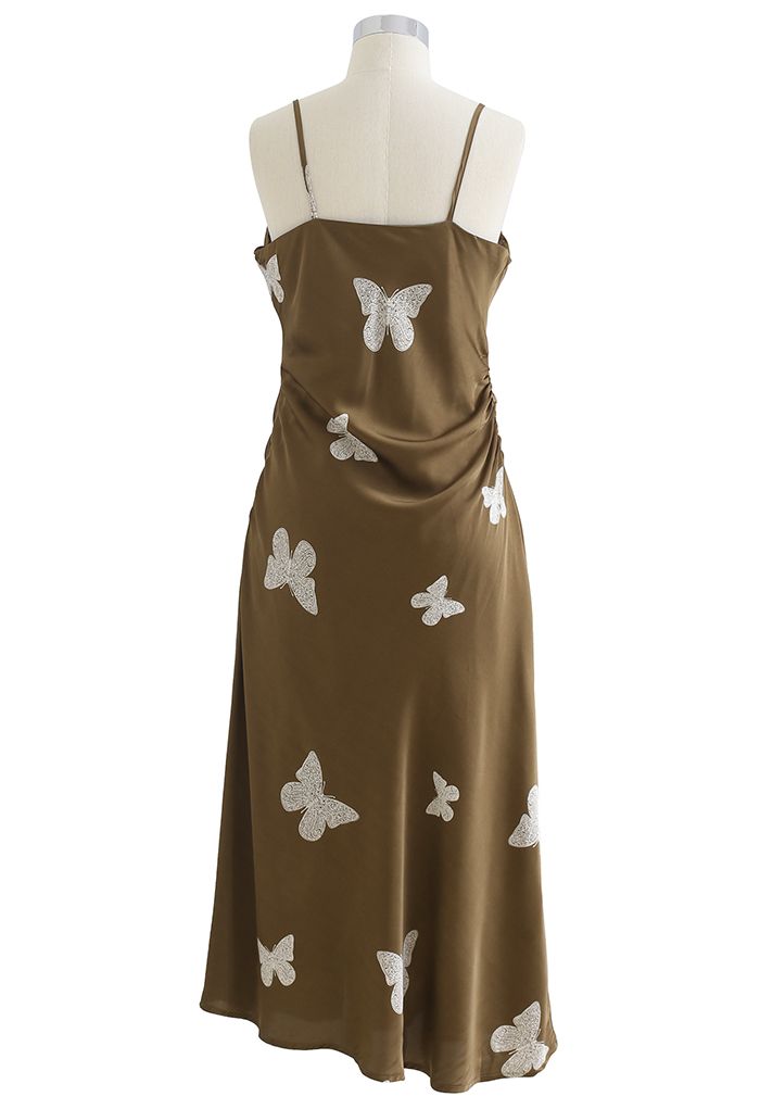 Butterfly Print Sleek Satin Cami Dress in Olive