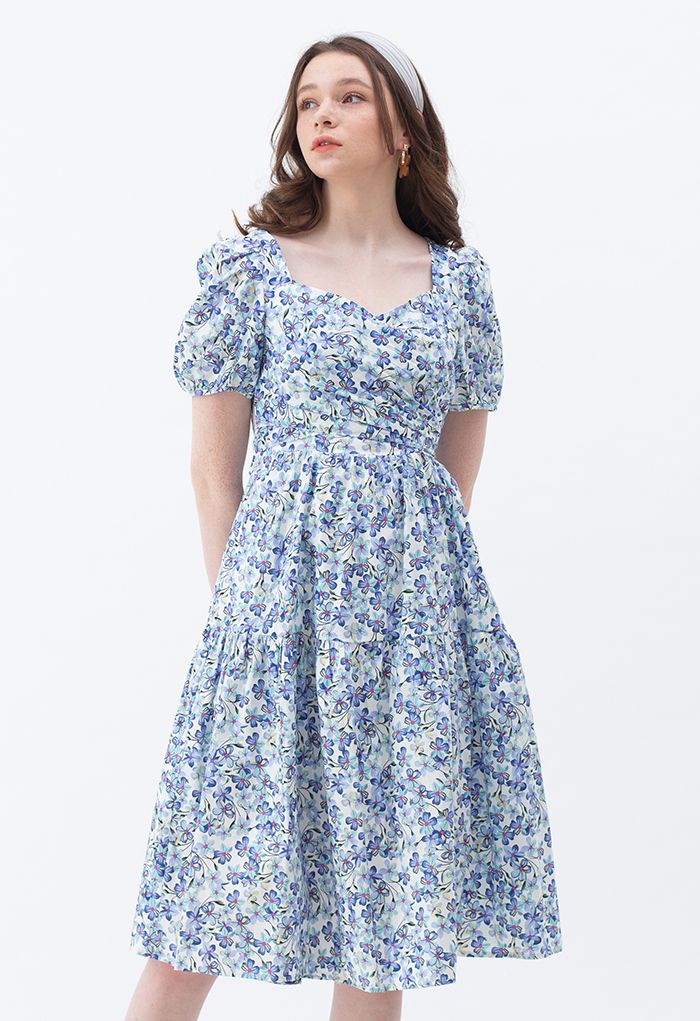 Cross Front Cutout Back Floral Cotton Dress in Blue