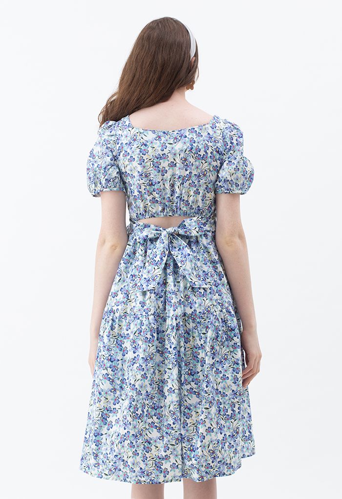 Cross Front Cutout Back Floral Cotton Dress in Blue