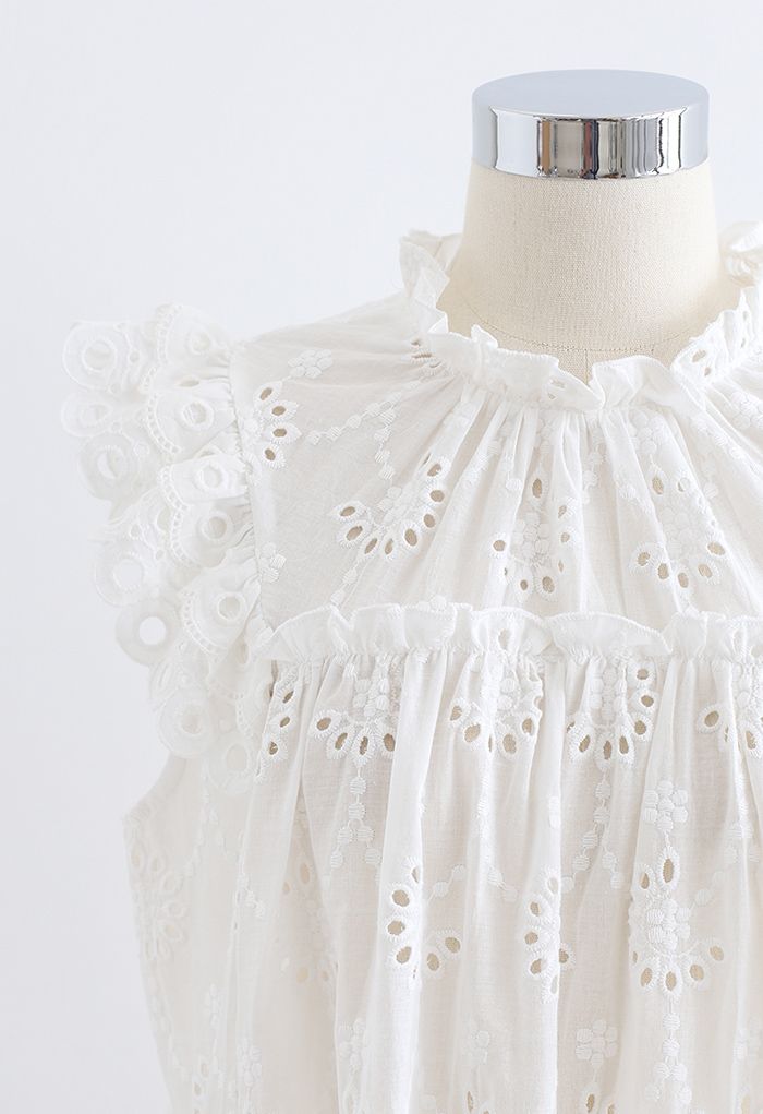 Eyelet Embroidered Flared Sleeveless Top in White