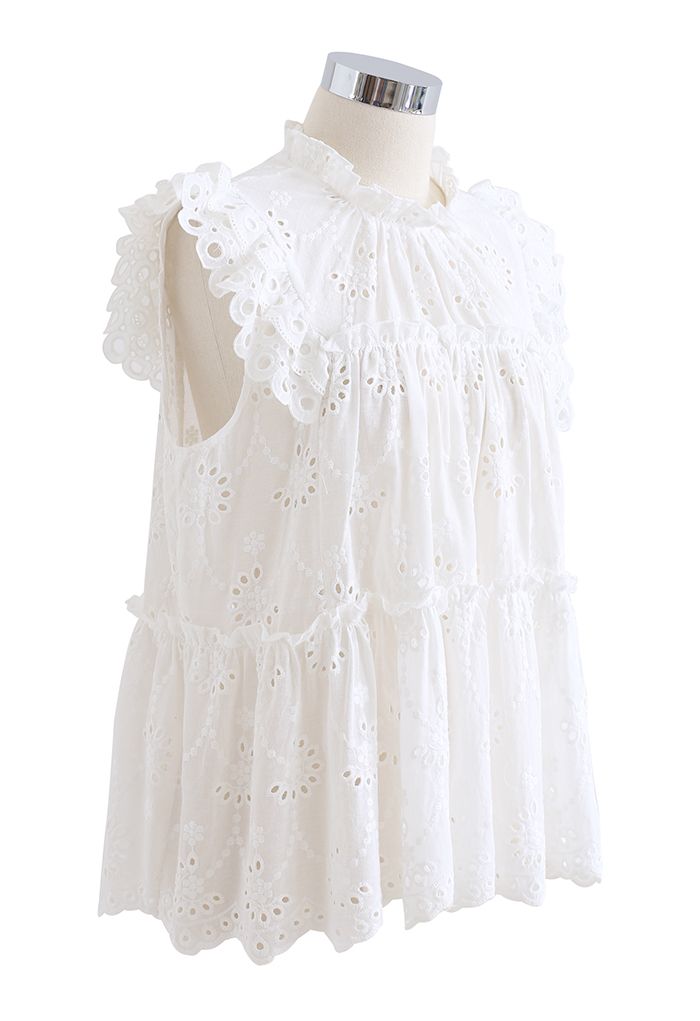 Eyelet Embroidered Flared Sleeveless Top in White