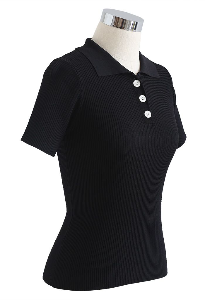 Triple Buttons Short Sleeve Fitted Knit Top in Black