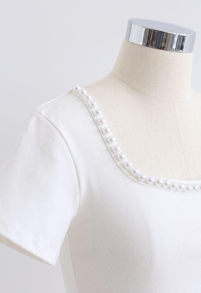 Pearls Decorated Fitted Crop Top in White