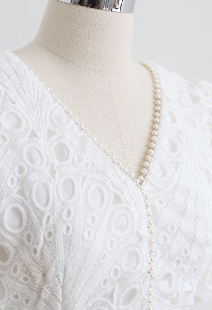 Scallop Crochet Pearl V-Neck Dress