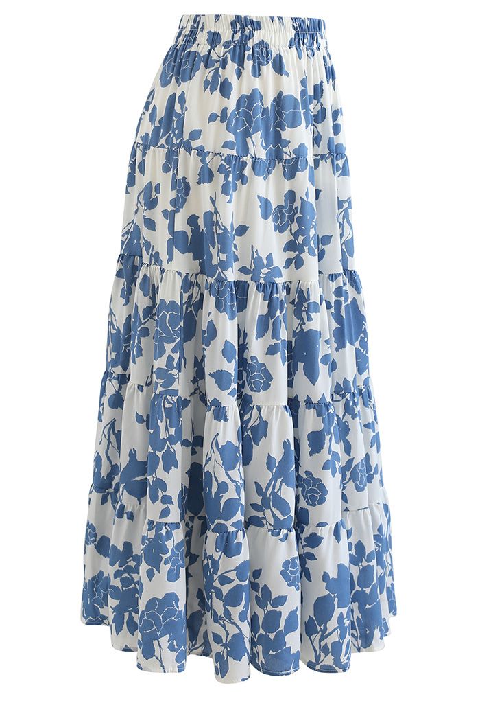 Flowery Sketch Frilling Maxi Skirt in Blue