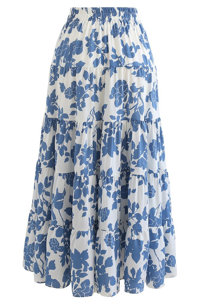 Flowery Sketch Frilling Maxi Skirt in Blue