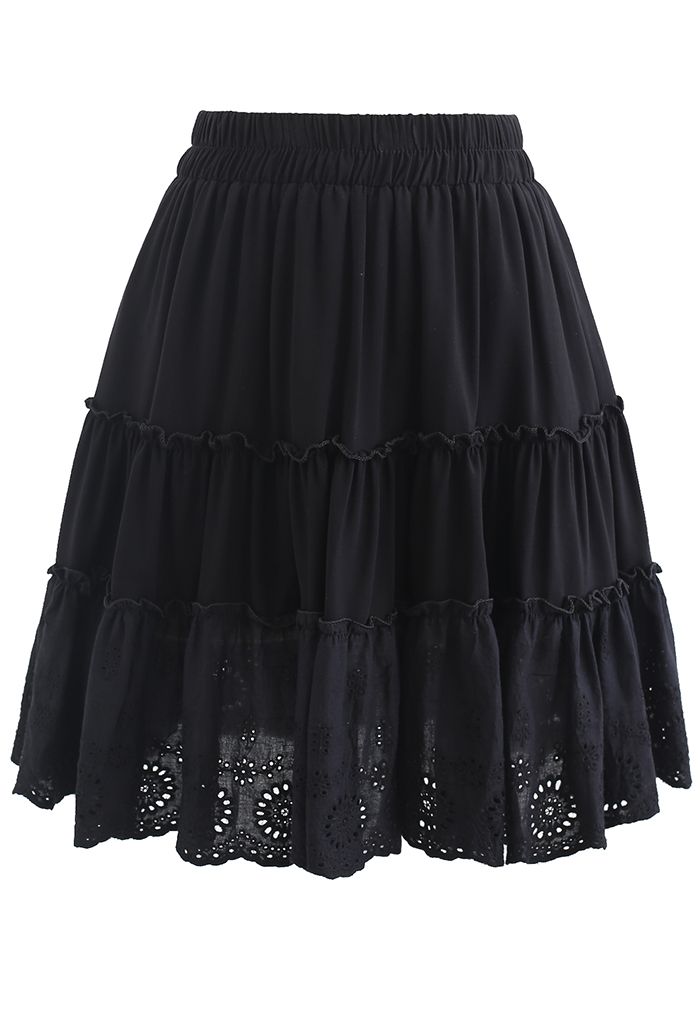 Broderie Anglaise Frill Hem Mini Skirt in Black