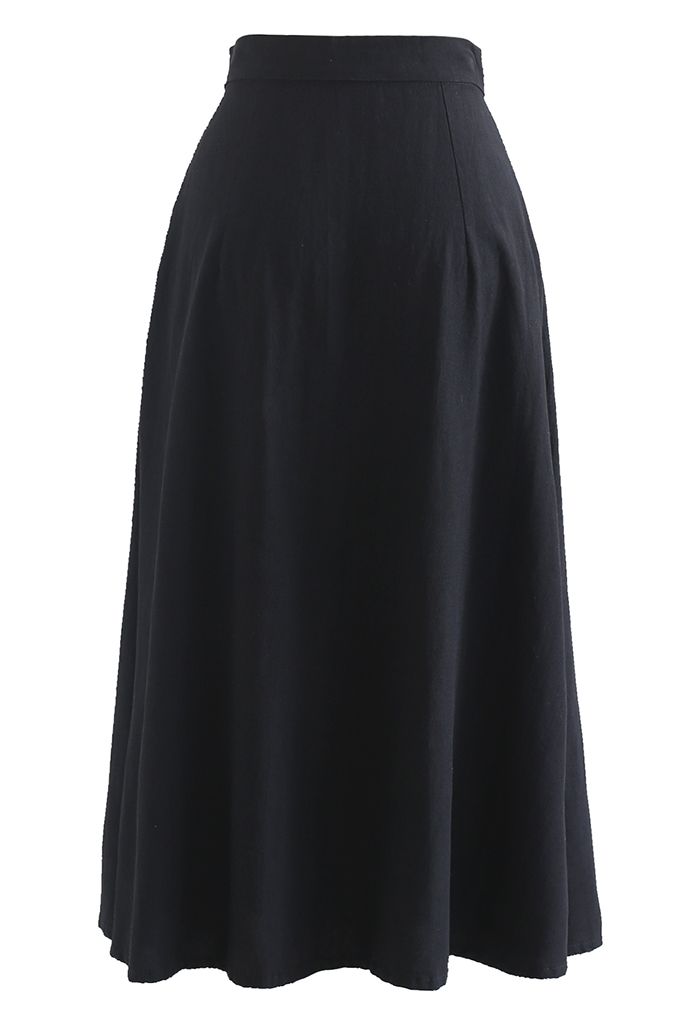 Button Front Cotton A-Line Midi Skirt in Black